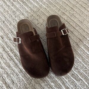 Brown Suede Clogs with Buckle